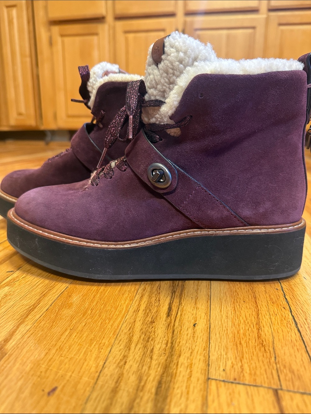 Coach Burgundy Suede Shearling-Trim Ankle Boots - Picture 7 of 7